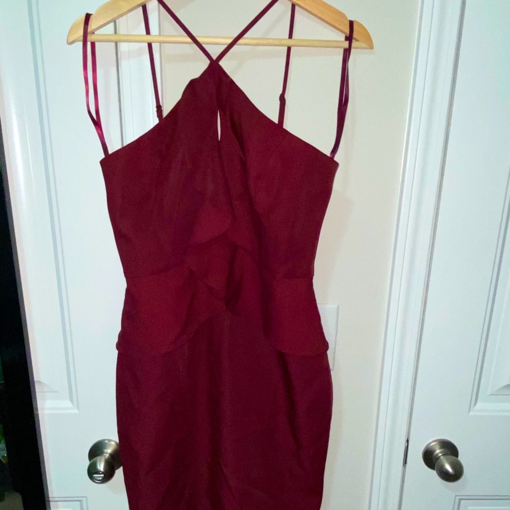BCBG Maxazria burgundy dress.